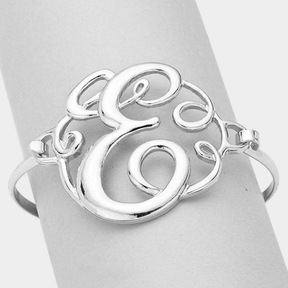 Silver E Monogram Curlicue Metal Round Classic Calligraphy Initial Hook Bracelet